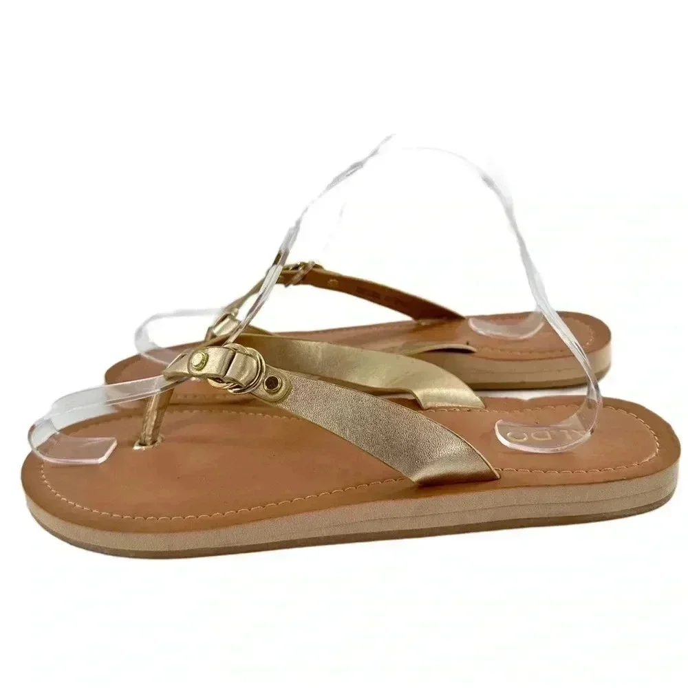 Aldo womens sandals size 9 40 gold leather flip flops coastal resort wear